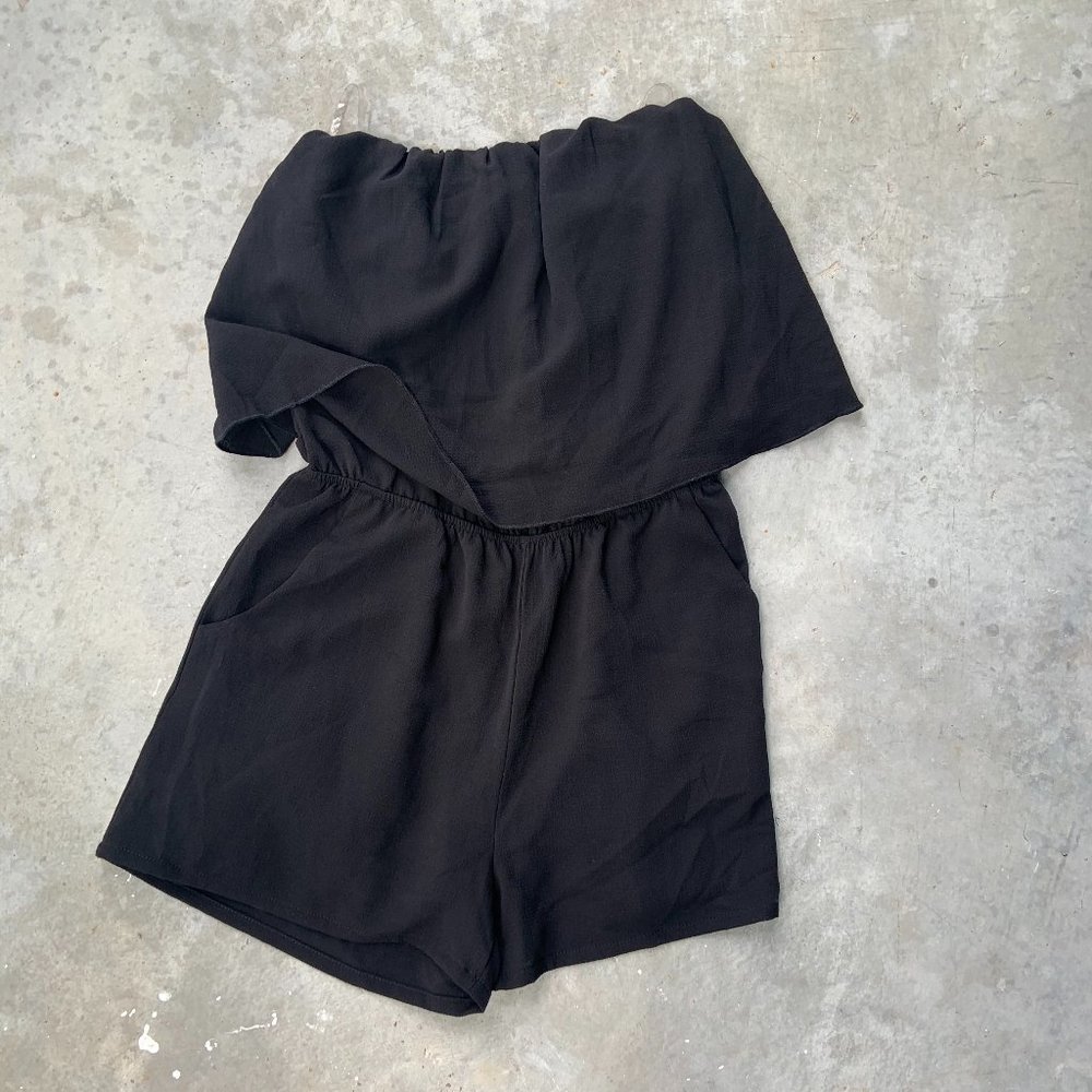 Strapless Overlay Black Short Style Jumpsuit with Pockets and Elastic Waist